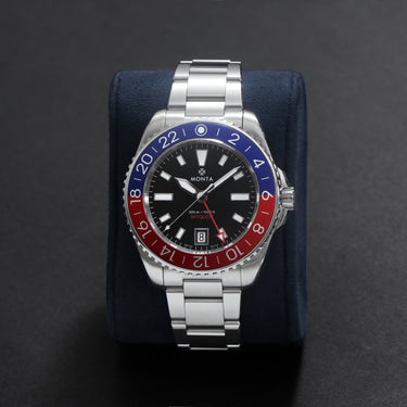 Monta Skyquest, Black Dial, Blue/Red Aluminum Bezel