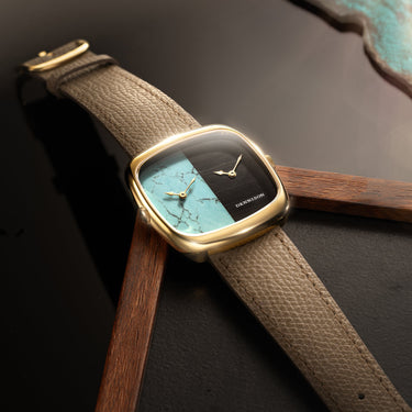 Dennison ALD Dual Time Turquoise & Falcon Eye Stone In Gold